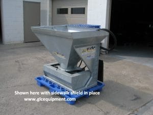 HLA Scattershot Sand Spreader for Skid Steer with sidewalk shield installed