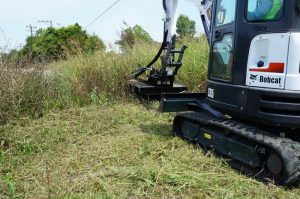 skid steer mounted brush mower mowing tall weeds