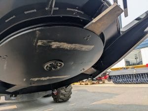 Skid Steer Brush Cutter High Flow Hydraulics showing underside with 3 blades showing