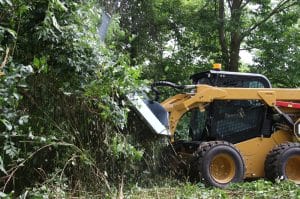 Baumalight Brush Mower on Cat skid steer mowing brush